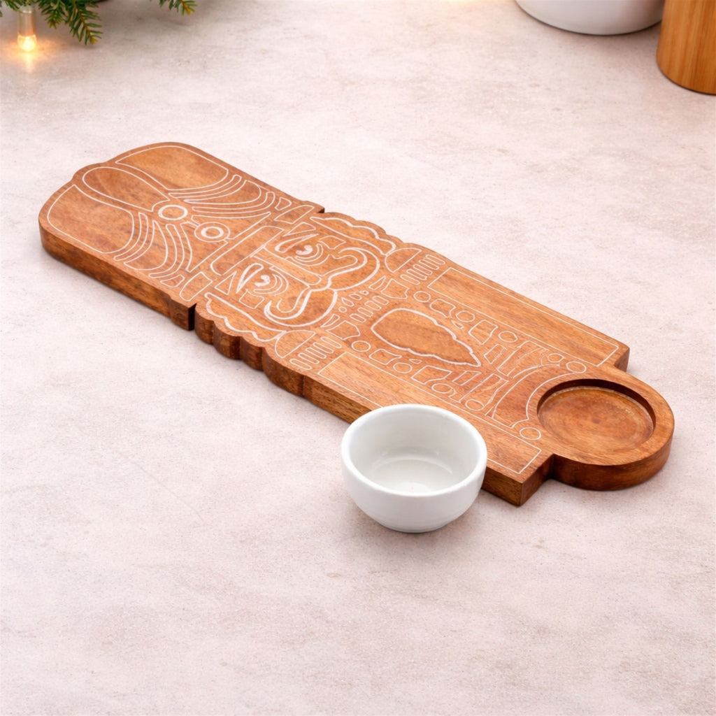 Nutcracker Wood Platter with Ceramic Dip Bowl 17"L