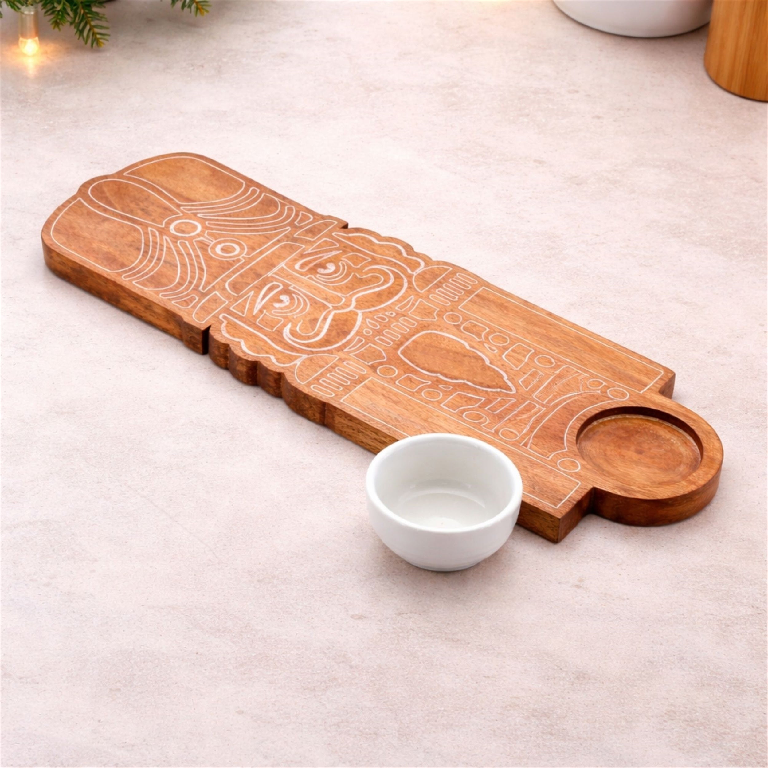 Nutcracker Wood Platter with Ceramic Dip Bowl 17"L