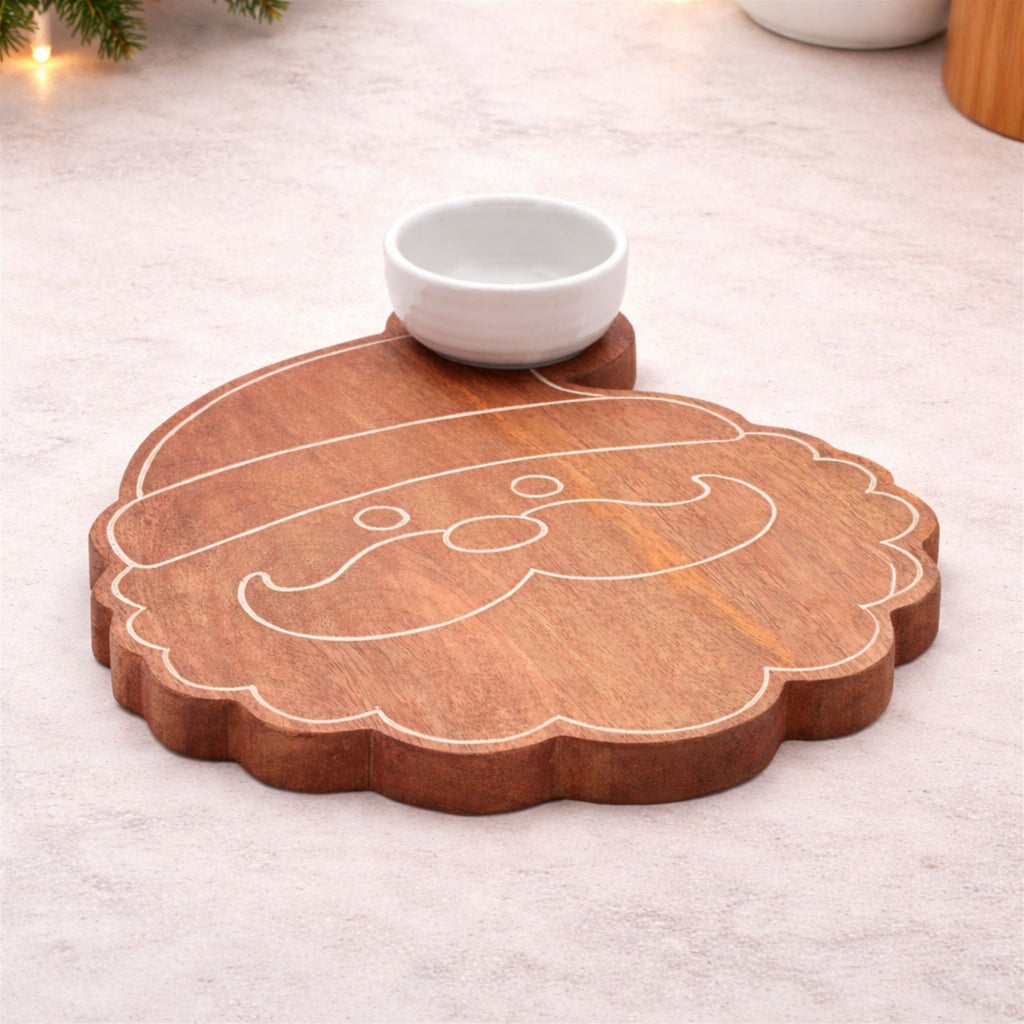 Santa Wood Platter with Ceramic Dip Bowl 12"L