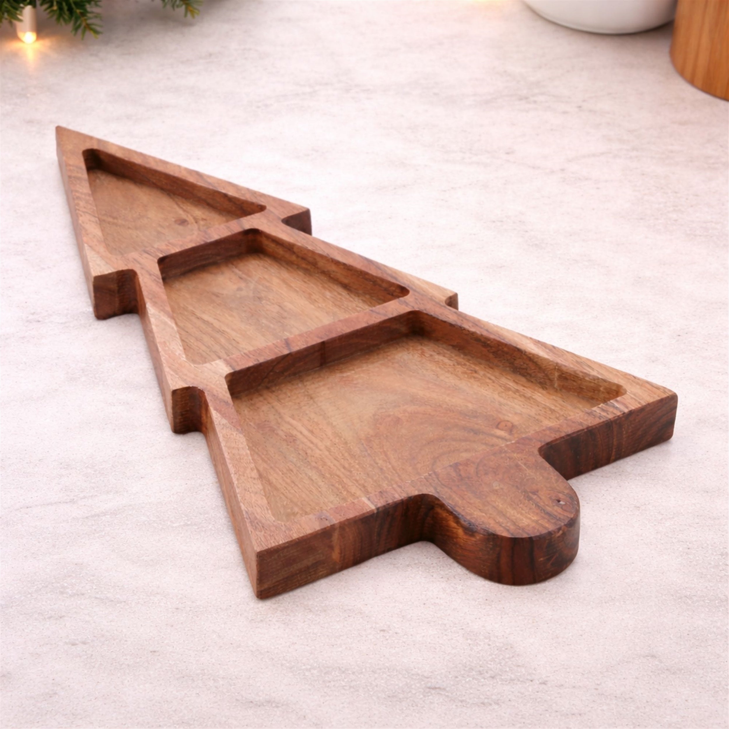 Wood Christmas Tree Divided Serving Tray 15"L