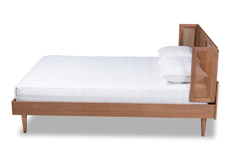 Baxton Studio Rina Mid-Century Modern Ash Wanut Finished Wood and Synthetic Rattan King Size Platform Bed with Wrap-Around Headboard
