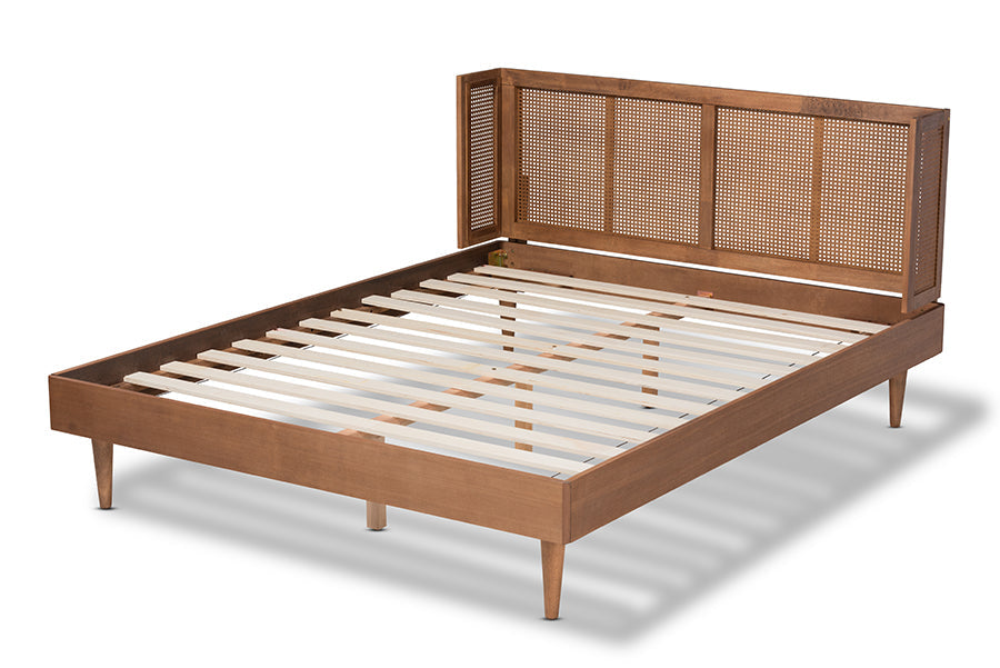 Baxton Studio Rina Mid-Century Modern Ash Wanut Finished Wood and Synthetic Rattan Queen Size Platform Bed with Wrap-Around Headboard