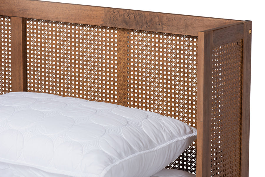 Baxton Studio Rina Mid-Century Modern Ash Wanut Finished Wood and Synthetic Rattan Queen Size Platform Bed with Wrap-Around Headboard