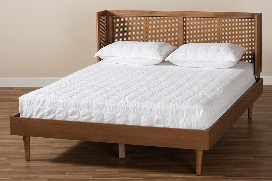 Baxton Studio Rina Mid-Century Modern Ash Wanut Finished Wood and Synthetic Rattan King Size Platform Bed with Wrap-Around Headboard