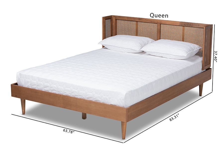 Baxton Studio Rina Mid-Century Modern Ash Wanut Finished Wood and Synthetic Rattan Queen Size Platform Bed with Wrap-Around Headboard