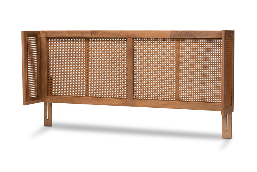 Baxton Studio Rina Mid-Century Modern Ash Wanut Finished Wood and Synthetic Rattan Full Size Wrap-Around Headboard
