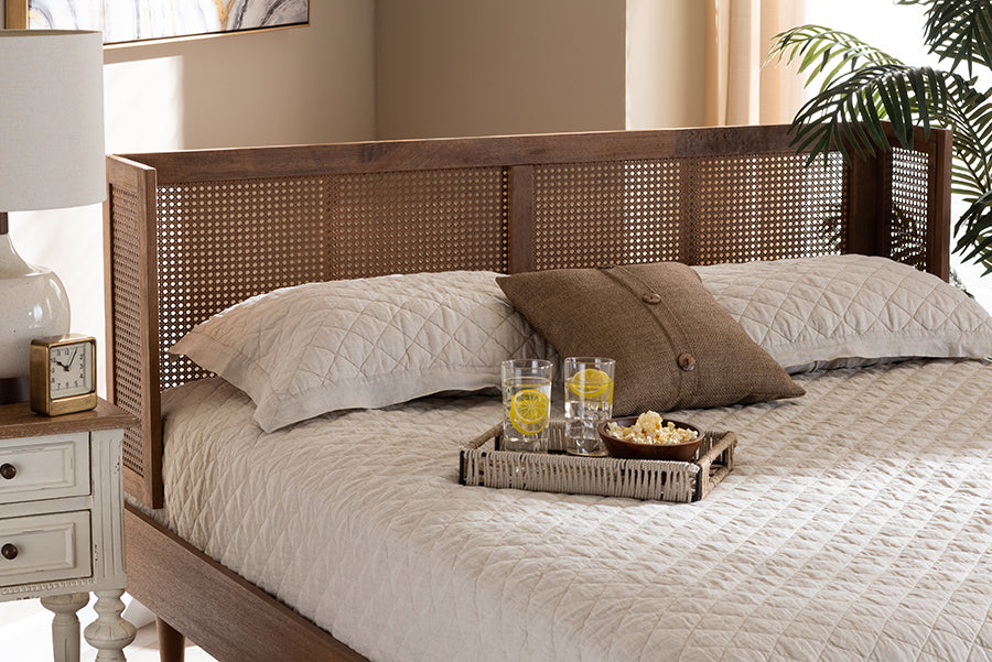 Baxton Studio Rina Mid-Century Modern Ash Wanut Finished Wood and Synthetic Rattan Full Size Wrap-Around Headboard