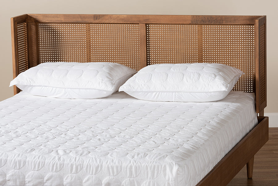 Baxton Studio Rina Mid-Century Modern Ash Wanut Finished Wood and Synthetic Rattan Full Size Wrap-Around Headboard