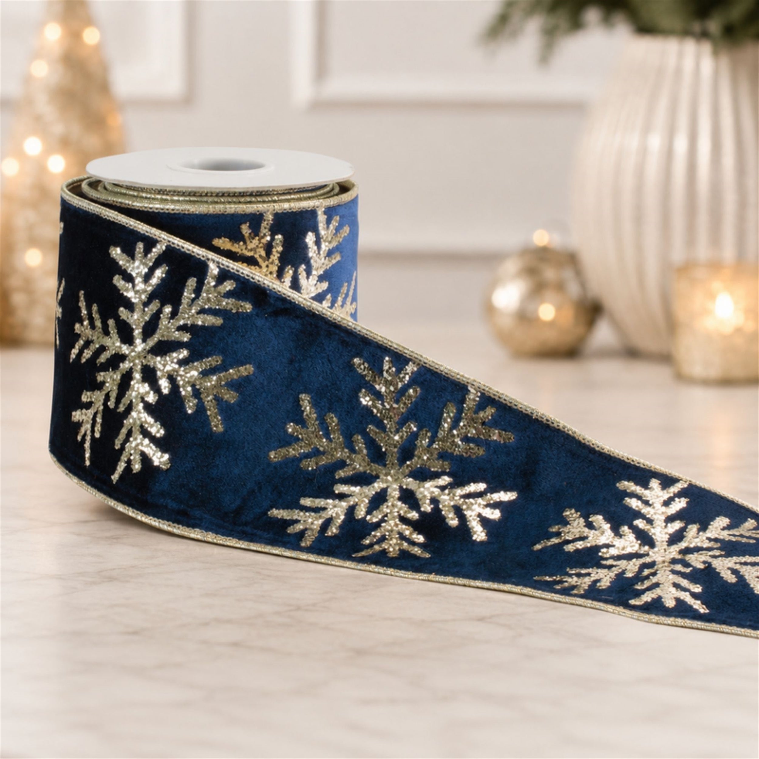 Snowflake Velvet Wired Ribbon 4" x 5 Yds.