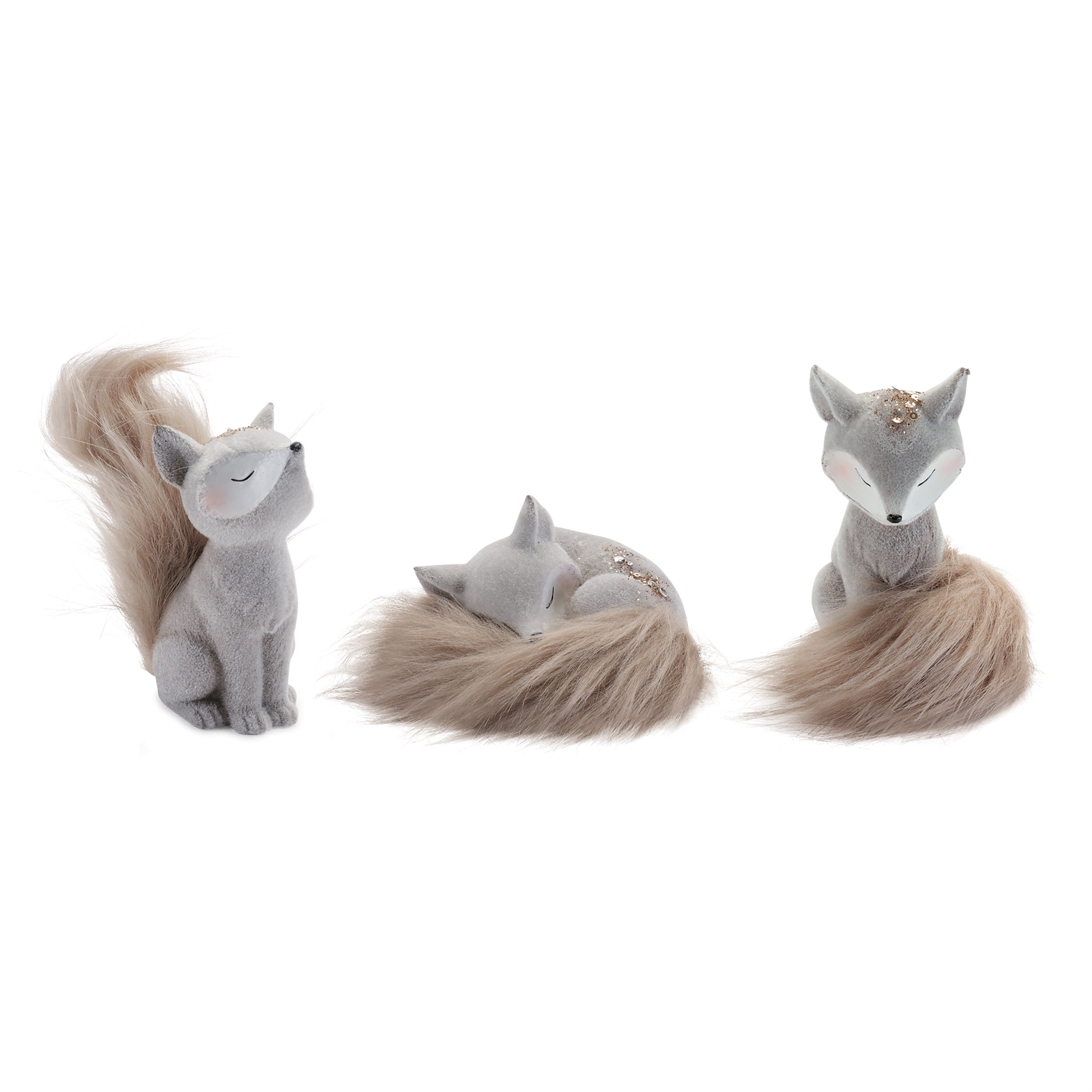 Woodland Fox Figurines with Faux Fur Tails (Set of 6)