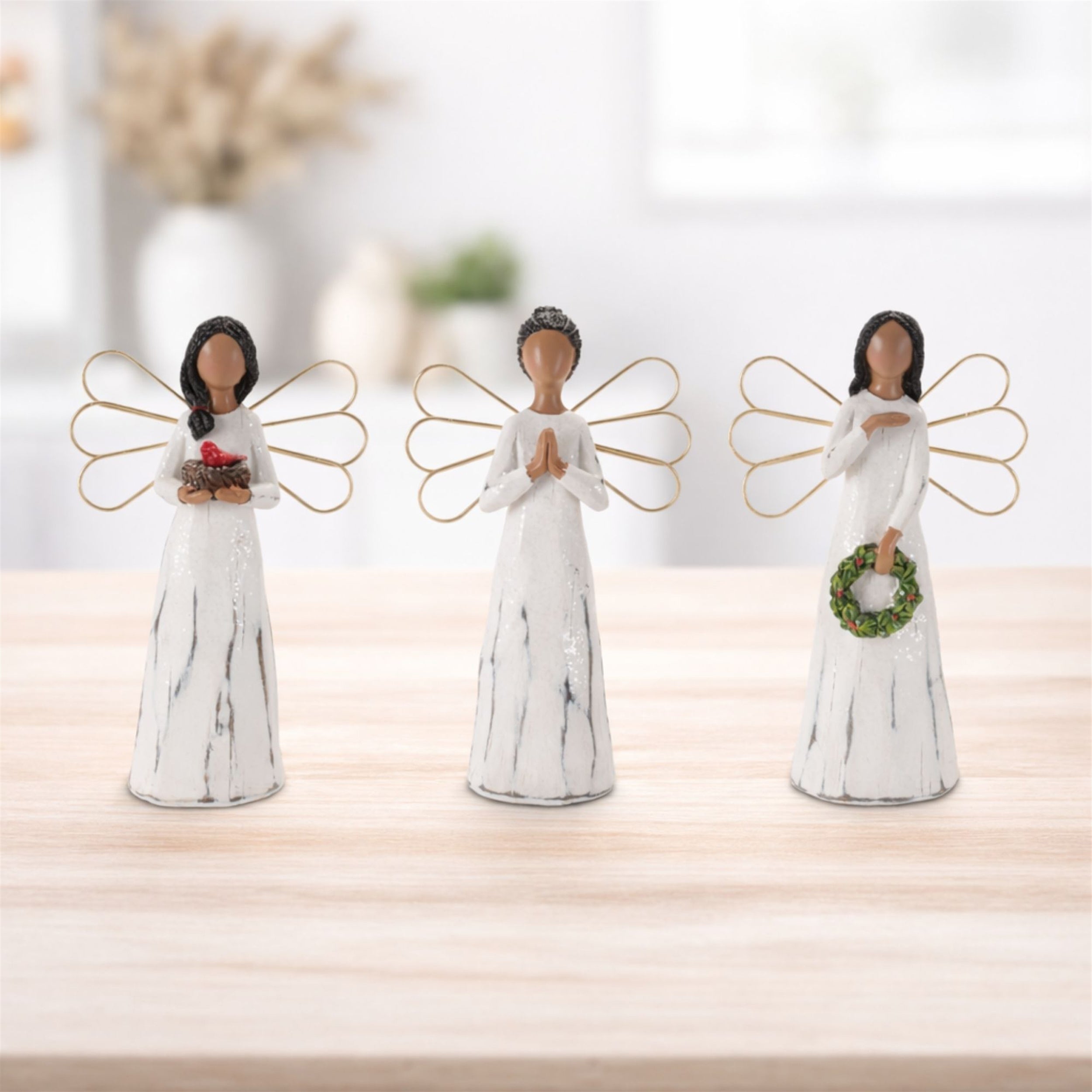Modern Angel Figurines with Gold Metal Wings (Set of 6)