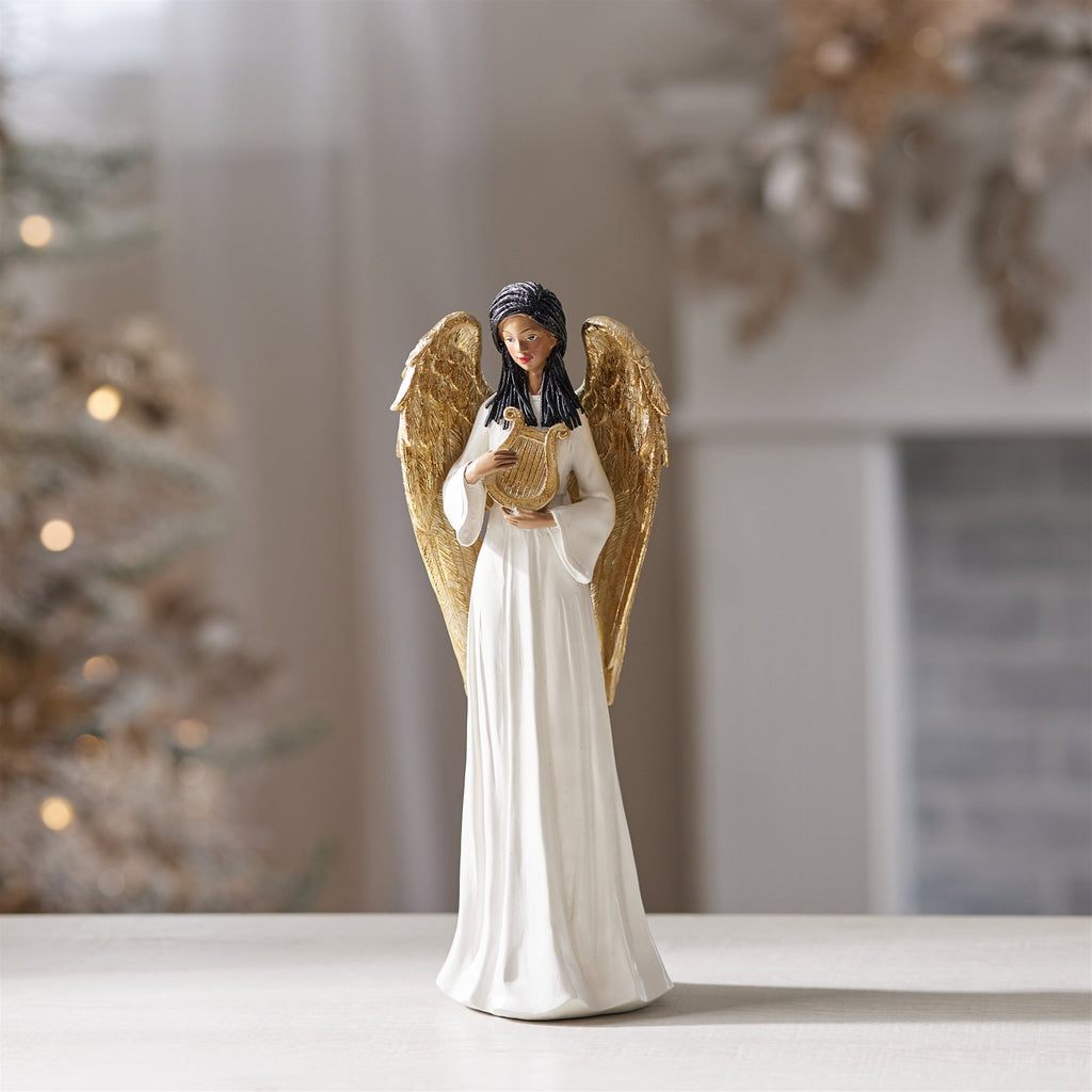 Angel Figurine with Harp and Gold Wings