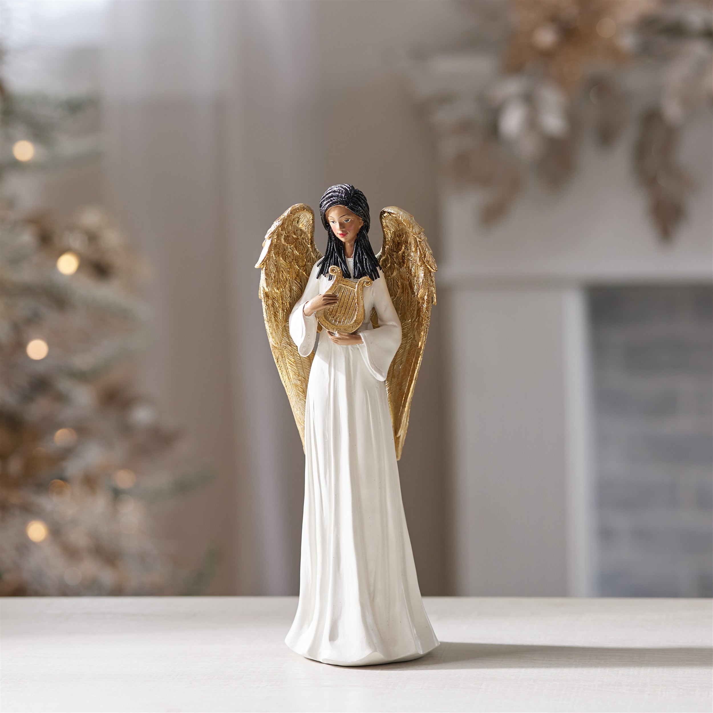 Angel Figurine with Harp and Gold Wings