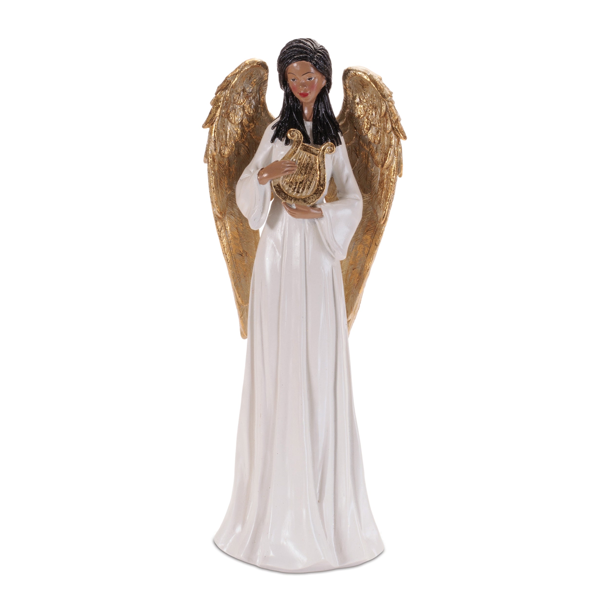Angel Figurine with Harp and Gold Wings