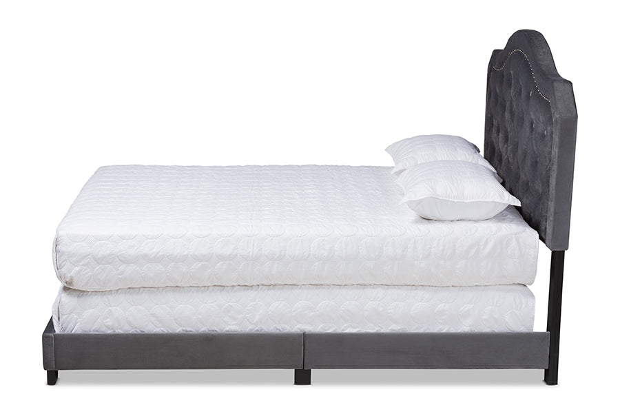 Baxton Studio Samantha Modern and Contemporary Grey Velvet Fabric Upholstered Queen Size Button Tufted Bed