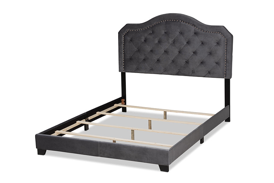 Baxton Studio Samantha Modern and Contemporary Grey Velvet Fabric Upholstered Queen Size Button Tufted Bed