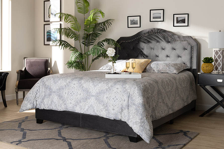 Baxton Studio Samantha Modern and Contemporary Grey Velvet Fabric Upholstered Queen Size Button Tufted Bed