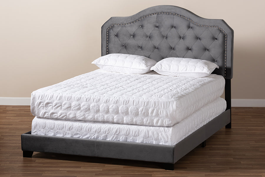 Baxton Studio Samantha Modern and Contemporary Grey Velvet Fabric Upholstered Queen Size Button Tufted Bed
