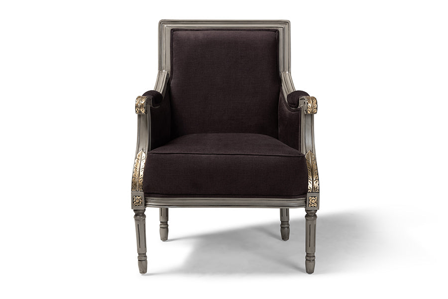 Baxton Studio Georgette Classic and Traditional French Inspired Brown Velvet Upholstered Grey Finished Armchair with Goldleaf Detailing
