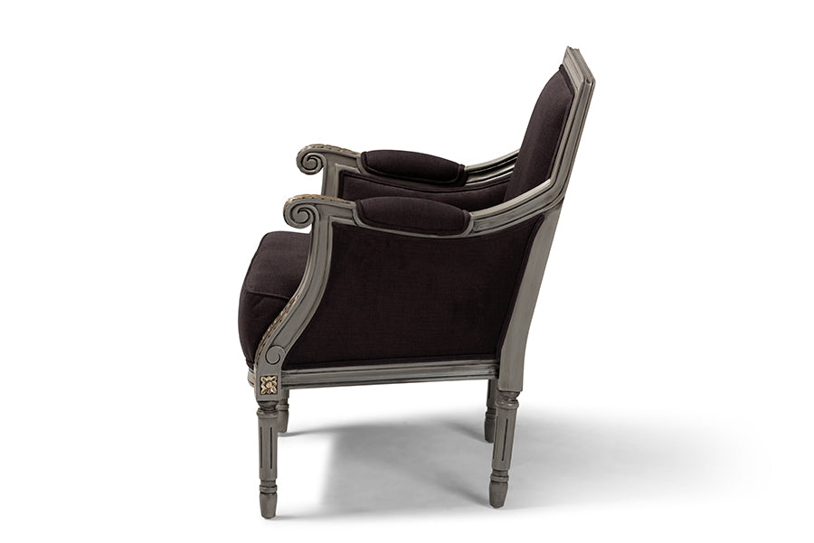 Baxton Studio Georgette Classic and Traditional French Inspired Brown Velvet Upholstered Grey Finished Armchair with Goldleaf Detailing