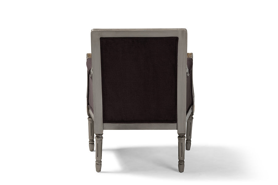 Baxton Studio Georgette Classic and Traditional French Inspired Brown Velvet Upholstered Grey Finished Armchair with Goldleaf Detailing