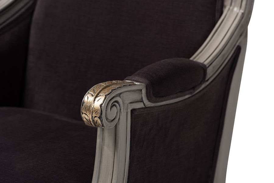 Baxton Studio Georgette Classic and Traditional French Inspired Brown Velvet Upholstered Grey Finished Armchair with Goldleaf Detailing