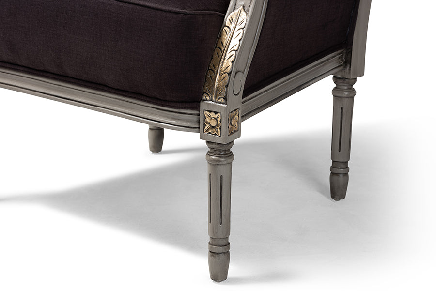 Baxton Studio Georgette Classic and Traditional French Inspired Brown Velvet Upholstered Grey Finished Armchair with Goldleaf Detailing
