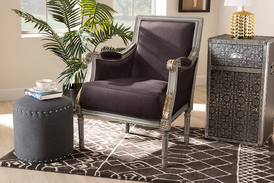 Baxton Studio Georgette Classic and Traditional French Inspired Brown Velvet Upholstered Grey Finished Armchair with Goldleaf Detailing