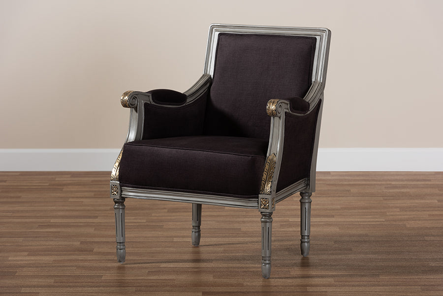 Baxton Studio Georgette Classic and Traditional French Inspired Brown Velvet Upholstered Grey Finished Armchair with Goldleaf Detailing
