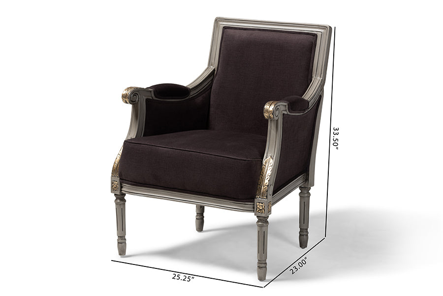 Baxton Studio Georgette Classic and Traditional French Inspired Brown Velvet Upholstered Grey Finished Armchair with Goldleaf Detailing