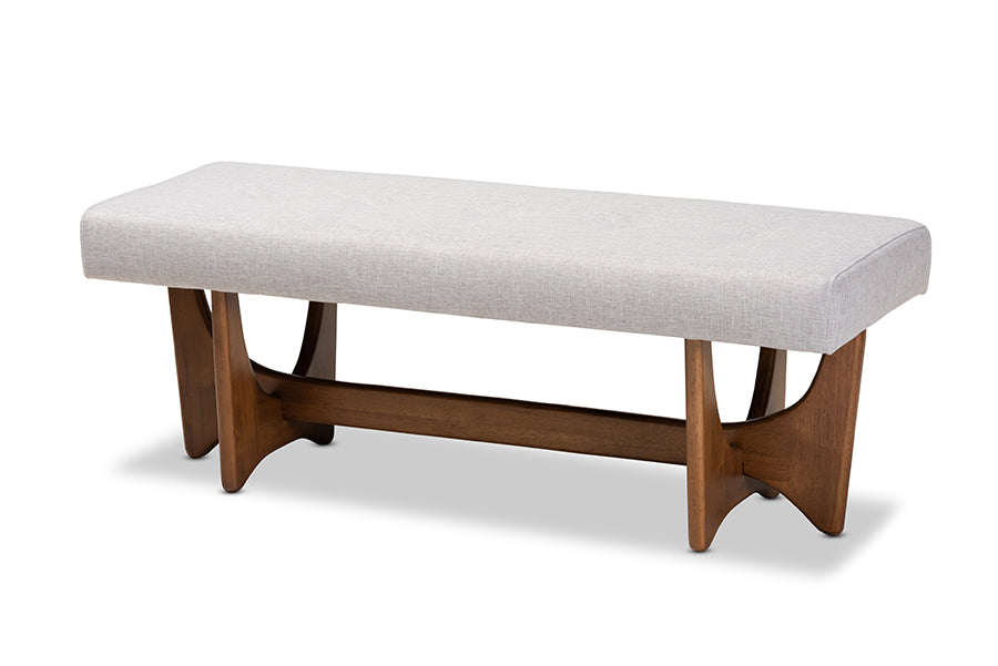 Baxton Studio Theo Mid-Century Modern Greyish Beige Fabric Upholstered Walnut Finished Bench