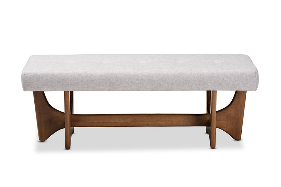 Baxton Studio Theo Mid-Century Modern Greyish Beige Fabric Upholstered Walnut Finished Bench