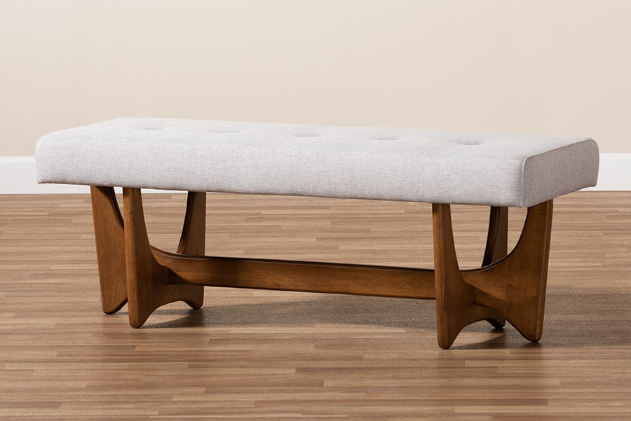 Baxton Studio Theo Mid-Century Modern Greyish Beige Fabric Upholstered Walnut Finished Bench