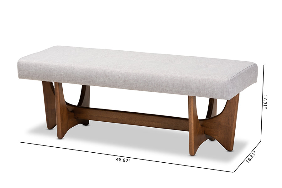 Baxton Studio Theo Mid-Century Modern Greyish Beige Fabric Upholstered Walnut Finished Bench