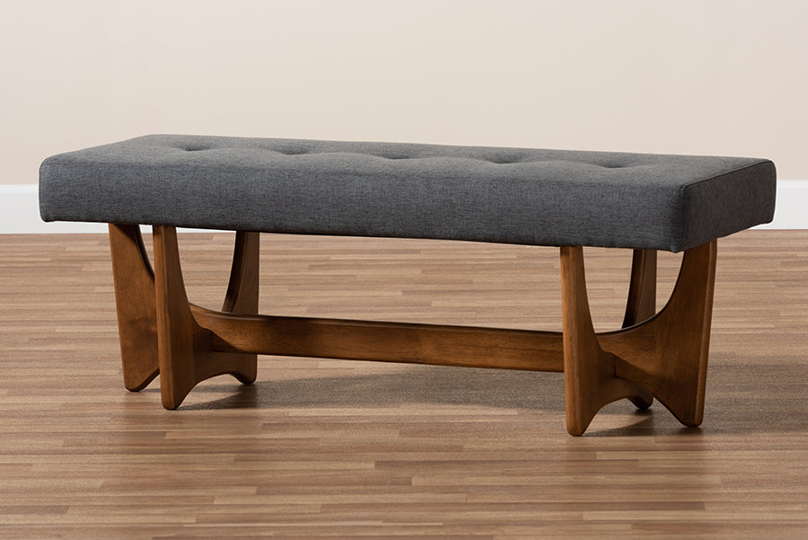 Baxton Studio Theo Mid-Century Modern Dark Grey Fabric Upholstered Walnut Finished Bench