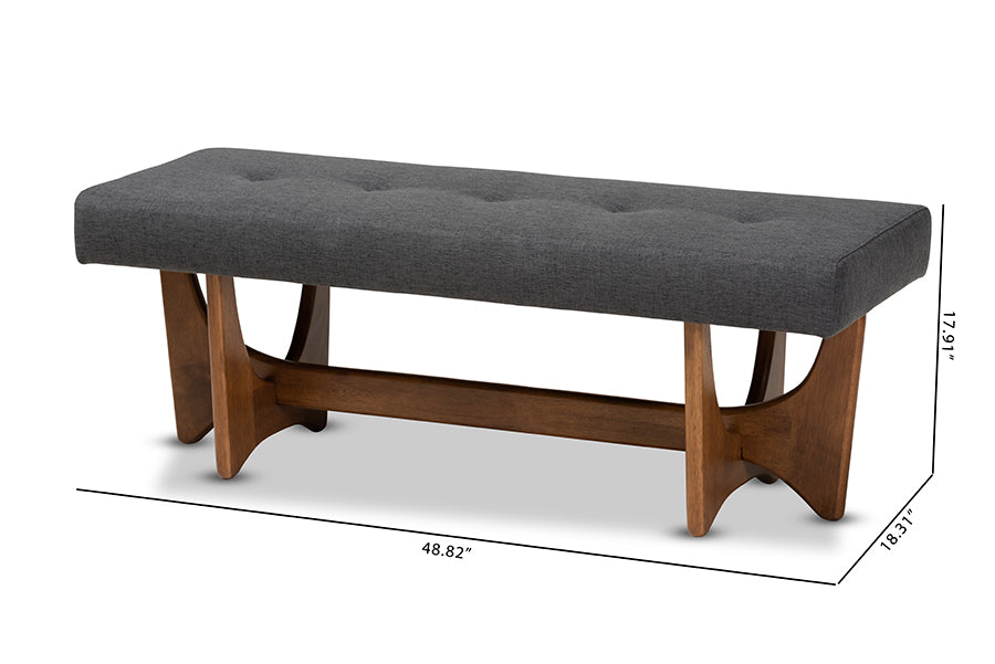 Baxton Studio Theo Mid-Century Modern Dark Grey Fabric Upholstered Walnut Finished Bench