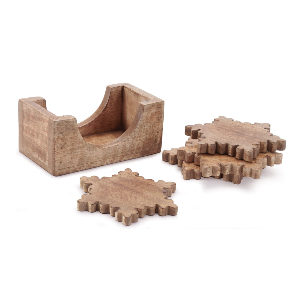 Wood Snowflake Coasters with Holder (Set of 5)