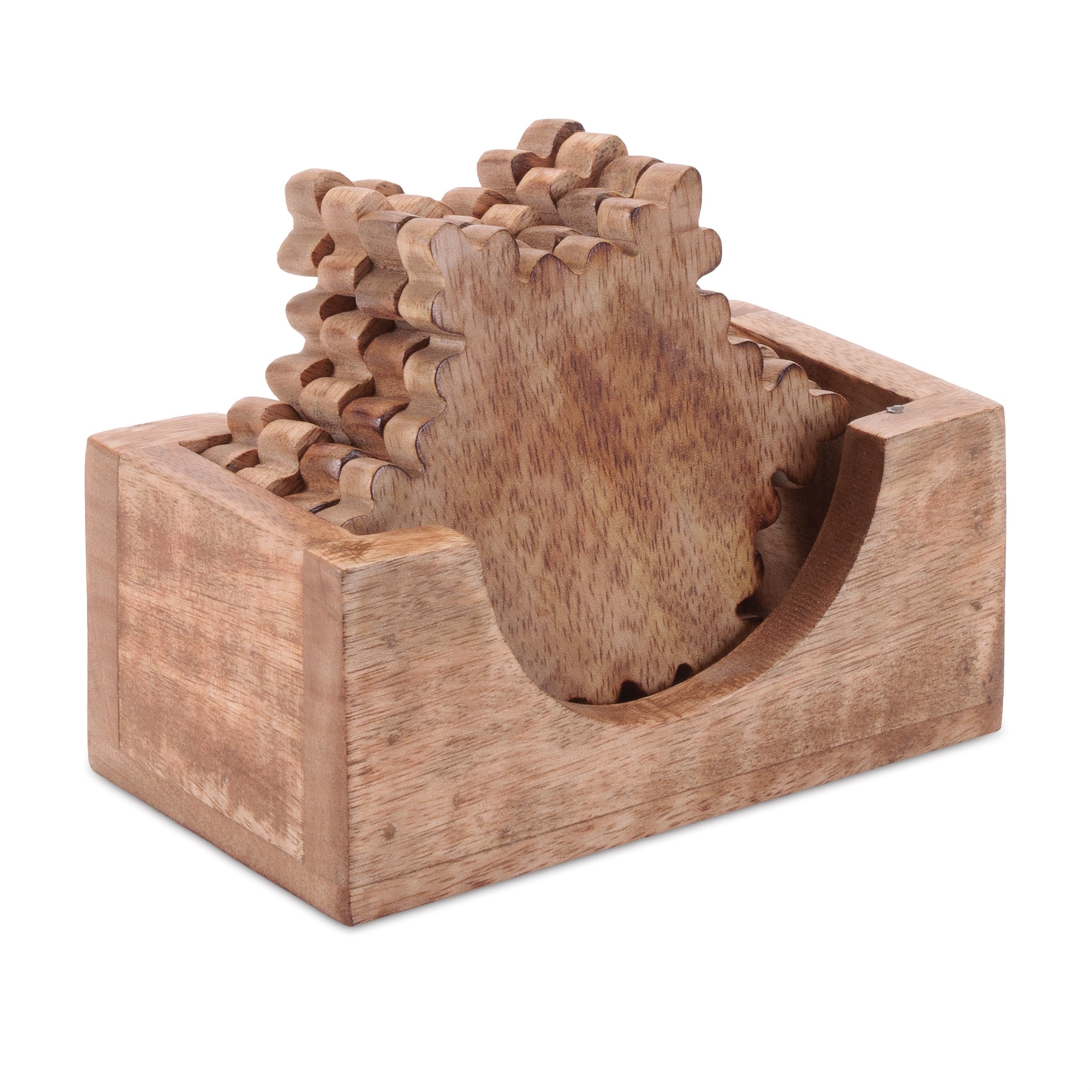 Wood Snowflake Coasters with Holder (Set of 5)
