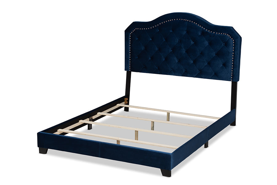 Baxton Studio Samantha Modern and Contemporary Navy Blue Velvet Fabric Upholstered Queen Size Button Tufted Bed