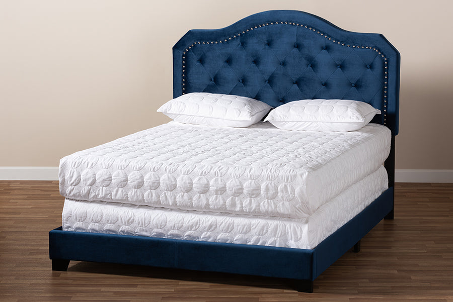 Baxton Studio Samantha Modern and Contemporary Navy Blue Velvet Fabric Upholstered Queen Size Button Tufted Bed