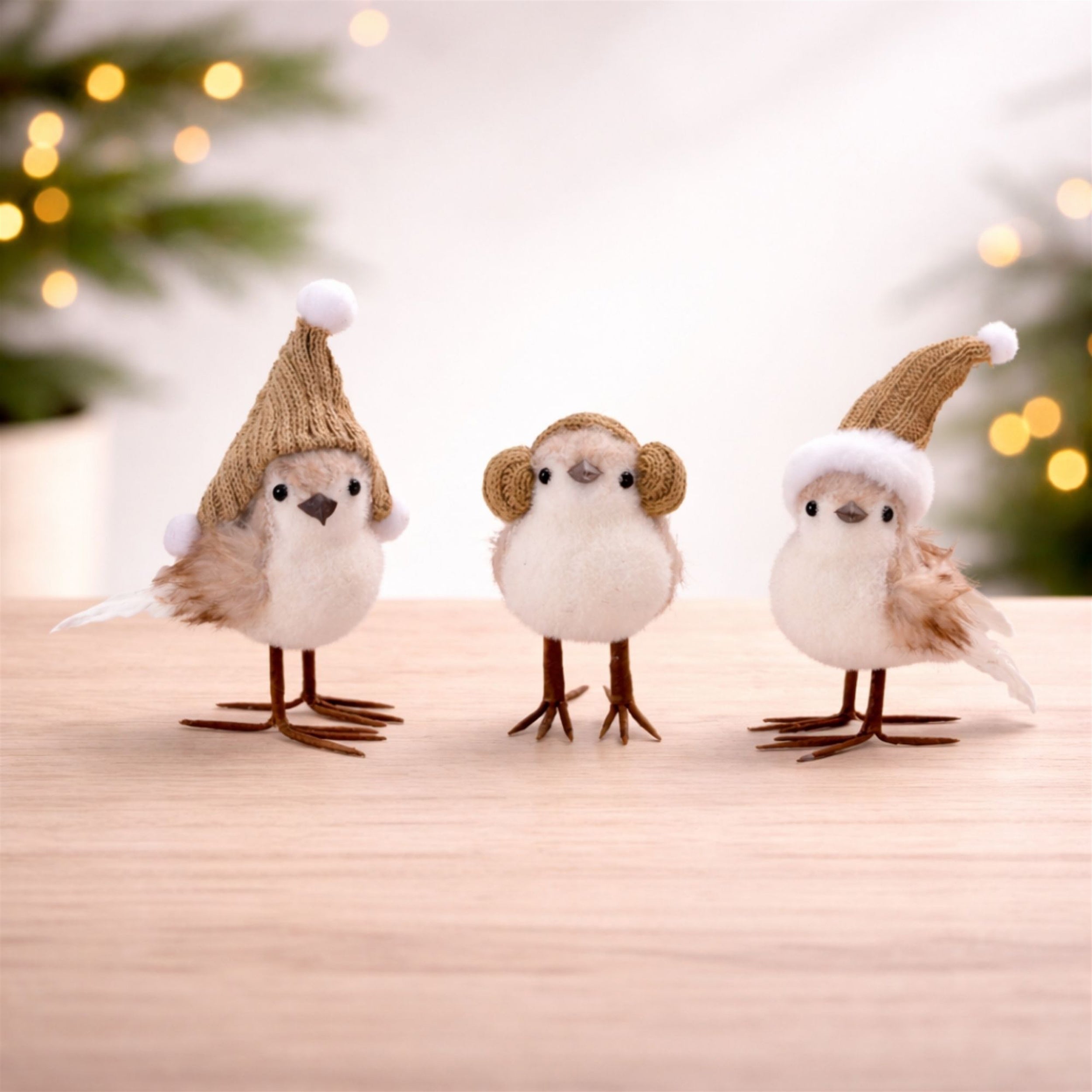 Winter Bird Figurines with Knit Hats (Set of 3)