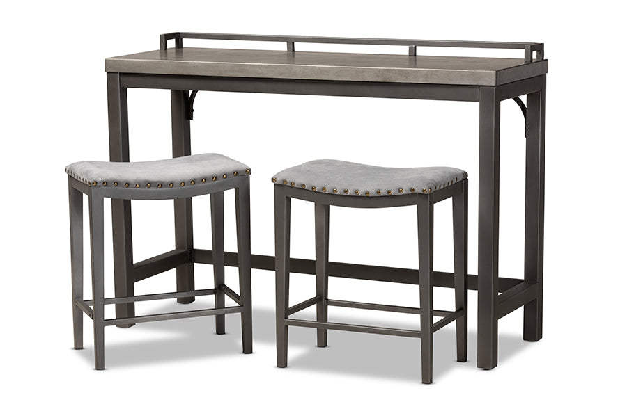 Baxton Studio Noll Modern and Contemporary Grey Fabric Upholstered 3-Piece Multipurpose Metal Counter Table Set