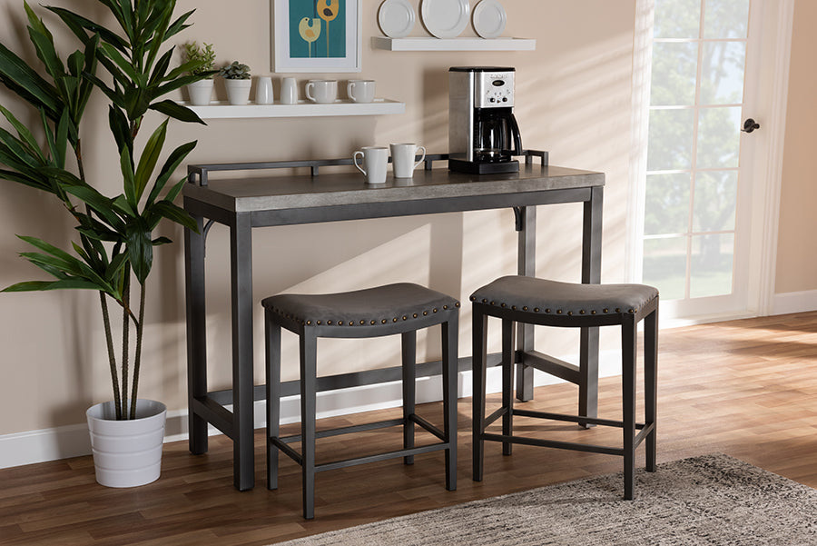 Baxton Studio Noll Modern and Contemporary Grey Fabric Upholstered 3-Piece Multipurpose Metal Counter Table Set