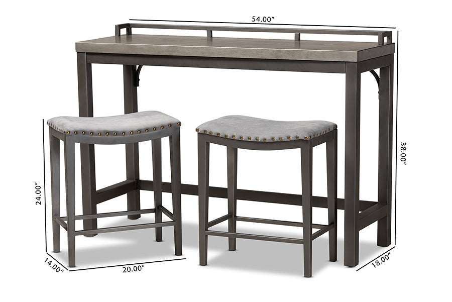 Baxton Studio Noll Modern and Contemporary Grey Fabric Upholstered 3-Piece Multipurpose Metal Counter Table Set