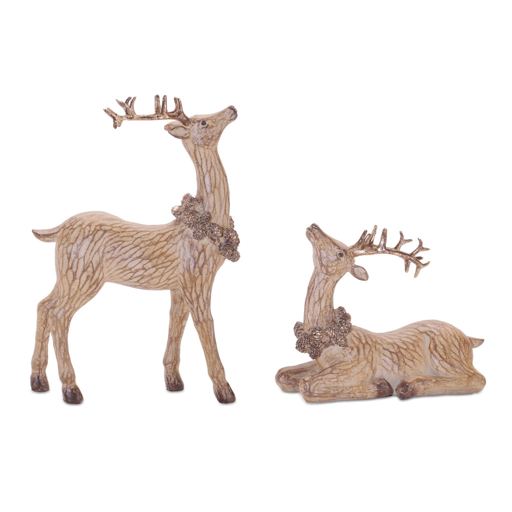 Carved Deer with Wreath Figurine (Set of 2)