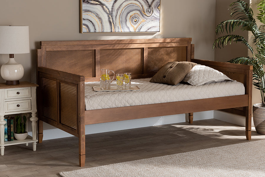 Baxton Studio Toveli Vintage French Inspired Ash Wanut Finished Wood and Synthetic Rattan Daybed