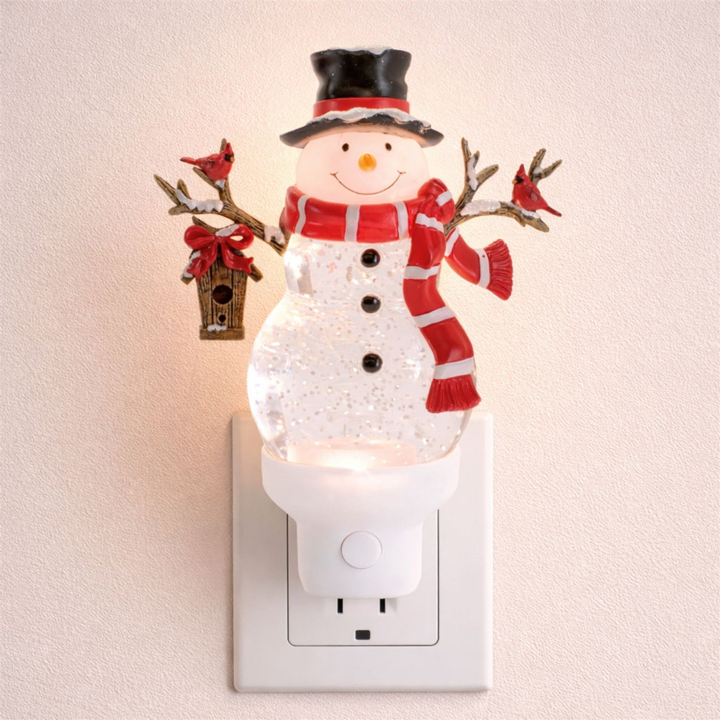 Snowman and Cardinals Snow Globe Night Light 7"H