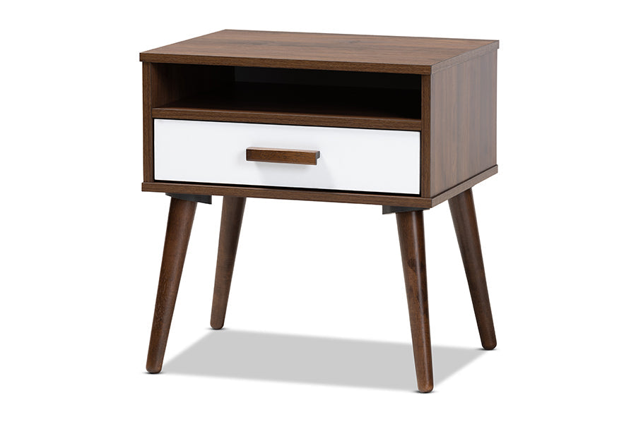 Baxton Studio Quinn Mid-Century Modern Two-Tone White and Walnut Finished 1-Drawer Wood End Table