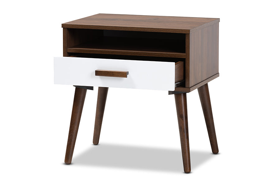 Baxton Studio Quinn Mid-Century Modern Two-Tone White and Walnut Finished 1-Drawer Wood End Table