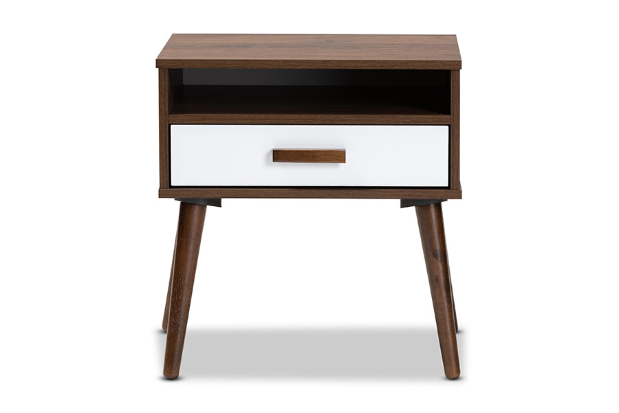 Baxton Studio Quinn Mid-Century Modern Two-Tone White and Walnut Finished 1-Drawer Wood End Table